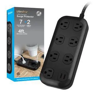 Sur Protector Power Strip with USB Ports, 4 Ft Braided Extension Cord | 1470 Joules, 7 Outlet Extender (Wide Spaced), 2 USB-A, Flat Plug, Wall Mount, Charging Station, ETL Listed, Black, 82593 Sur Protector Power Strip with USB Ports, 4 Ft Braided Extension Cord | 1470 Joules, 7 Outlet Extender (Wide Spaced), 2 USB-A, Flat Plug, Wall Mount, Charging Station, ETL Listed, Black, 82593