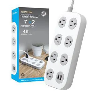 Sur Protector Power Strip with USB Ports, 4 Ft Braided Extension Cord | 1470 Joules, 7 Outlet Extender (Wide Spaced), 2 USB-A, Flat Plug, Wall Mount, ETL Safety Certified, White/Gray, 81780 Sur Protector Power Strip with USB Ports, 4 Ft Braided Extension Cord | 1470 Joules, 7 Outlet Extender (Wide Spaced), 2 USB-A, Flat Plug, Wall Mount, ETL Safety Certified, White/Gray, 81780