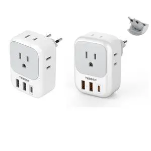 European Travel Plug Adapter with 4 AC 3 USB (1 USB C PD 20W), Foldable Plug Type C, for US to Most of EU (Spain, France, Italy, Germany, Portugal, Iceland) European Travel Plug Adapter with 4 AC 3 USB (1 USB C PD 20W), Foldable Plug Type C, for US to Most of EU (Spain, France, Italy, Germany, Portugal, Iceland)