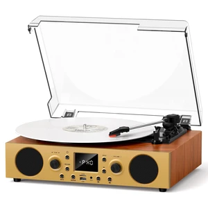 Mahogany Wood Bluetooth Record Player, 3-Speed Turntable Elegant mahogany finish with Bluetooth, 3-speed playback, FM radio, USB recording, AUX/TF card and stereo speakers Mahogany Wood Bluetooth Record Player, 3-Speed Turntable Elegant mahogany finish with Bluetooth, 3-speed playback, FM radio, USB recording, AUX/TF card and stereo speakers