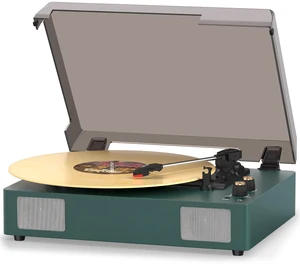 Green Bluetooth Record Player, 3-Speed Belt Drive Turntable Classic green design with Bluetooth, 3-speed playback, stereo speakers, auto stop, AUX, RCA and headphone output Green Bluetooth Record Player, 3-Speed Belt Drive Turntable Classic green design with Bluetooth, 3-speed playback, stereo speakers, auto stop, AUX, RCA and headphone output
