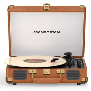 Brown Bluetooth Suitcase Record Player, 3-Speed Turntable Classic brown suitcase design with Bluetooth, 3-speed vinyl playback, stereo speakers, RCA output and headphone jack Brown Bluetooth Suitcase Record Player, 3-Speed Turntable Classic brown suitcase design with Bluetooth, 3-speed vinyl playback, stereo speakers, RCA output and headphone jack