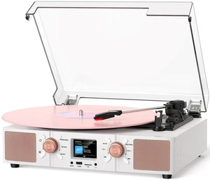 Spin Record Player with Built-in Speakers, Bluetooth Input & 3-Speed Vinyl Playback Turntable with Color LCD Display, USB/TF Playback, RCA, AUX, Headphone Jack, White Wood Rose Gold Spin Record Player with Built-in Speakers, Bluetooth Input & 3-Speed Vinyl Playback Turntable with Color LCD Display, USB/TF Playback, RCA, AUX, Headphone Jack, White Wood Rose Gold