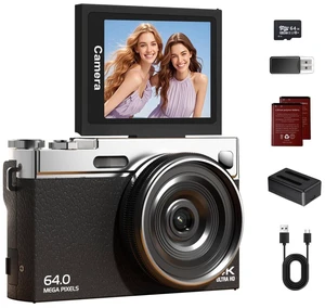 4K Digital Camera for Photography with 64GB Card, 64MP Autofocus Vlogging Camera for YouTube, 2.88" 180° Flip Screen, 16X Zoom Compact Camera for Beginners with Dual Lens, 2 Batteries, Black 4K Digital Camera for Photography with 64GB Card, 64MP Autofocus Vlogging Camera for YouTube, 2.88" 180° Flip Screen, 16X Zoom Compact Camera for Beginners with Dual Lens, 2 Batteries, Black