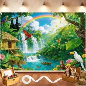 Rainforest Backdrop 9x6FT with Ribbon for Classroom Party Decor | Polyester, 9x6FT, Jungle Waterfall, 4 Brass Grommets, Vacation Bible School, Photo Booth, VBS Rainforest Backdrop Rainforest Backdrop 9x6FT with Ribbon for Classroom Party Decor | Polyester, 9x6FT, Jungle Waterfall, 4 Brass Grommets, Vacation Bible School, Photo Booth, VBS Rainforest Backdrop