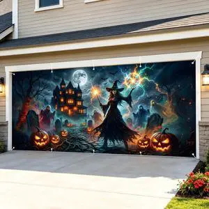16 x 7 FT Halloween Garage Door Cover Banner Scary Witch Haunted House Backdrop with Ghosts, Pumpkins and Lightning, Horror Outdoor Garage Door Cover Decoration for Yard Party Supplies 16 x 7 FT Halloween Garage Door Cover Banner Scary Witch Haunted House Backdrop with Ghosts, Pumpkins and Lightning, Horror Outdoor Garage Door Cover Decoration for Yard Party Supplies