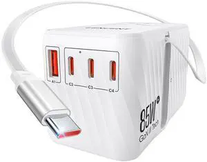 85W Universal Travel Adapter with Retractable USB C Cable, GaN | International Plug Adapter with 3 Type C&1 USB A Ports Fast Charging, Worldwide Outlet Converter for US to European EU UK AUS 85W Universal Travel Adapter with Retractable USB C Cable, GaN | International Plug Adapter with 3 Type C&1 USB A Ports Fast Charging, Worldwide Outlet Converter for US to European EU UK AUS