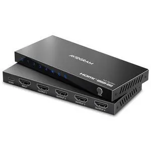 HDMI Splitter 1 in 4 Out 4K 60Hz 4:4:4, HDMI 4 Port Splitter with Copy, Downscaler, and Auto Mode for Four Identical Display Support 1080p 120Hz HDCP 2.2 HDR10 18Gbps 3D (Mirror Only) | Distributes 1 HDMI Splitter 1 in 4 Out 4K 60Hz 4:4:4, HDMI 4 Port Splitter with Copy, Downscaler, and Auto Mode for Four Identical Display Support 1080p 120Hz HDCP 2.2 HDR10 18Gbps 3D (Mirror Only) | Distributes 1