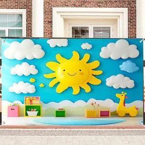 90x70" Cartoon Sun Cloud Playroom Backdrop | Joyful sun and cloud backdrop with giraffe toy for playroom and party photography 90x70" Cartoon Sun Cloud Playroom Backdrop | Joyful sun and cloud backdrop with giraffe toy for playroom and party photography