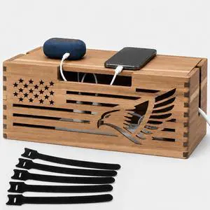 Acacia Wood Cable Management Box, Cord Hider & Organizer for Power Strip | Magnetic lid, TV Wires, Desk & Floor Cables Office Under Desk Cable Wooden Storage Box for Wire.Carved bald eagle design Acacia Wood Cable Management Box, Cord Hider & Organizer for Power Strip | Magnetic lid, TV Wires, Desk & Floor Cables Office Under Desk Cable Wooden Storage Box for Wire.Carved bald eagle design