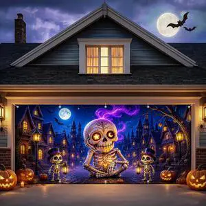 Halloween Garage Door Cover, Giant Skeleton Banner Outdoor Decoration | 7×16 FT Spooky Skeleton Village Backdrop with Moon, Pumpkin & Bat Scene for Garage Door, Yard, Porch, Halloween Party Décor Halloween Garage Door Cover, Giant Skeleton Banner Outdoor Decoration | 7×16 FT Spooky Skeleton Village Backdrop with Moon, Pumpkin & Bat Scene for Garage Door, Yard, Porch, Halloween Party Décor
