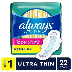 UltraThin Winged Feminine Pads, Size 1 Regular Absorbency, Unscented, 22 Count UltraThin Winged Feminine Pads, Size 1 Regular Absorbency, Unscented, 22 Count