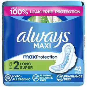 Maxi Feminine Pads with Wings, Size 2 Long Super Absorbency, RapidDRY Leak Protection, 42Count Maxi Feminine Pads with Wings, Size 2 Long Super Absorbency, RapidDRY Leak Protection, 42Count