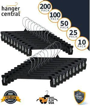 HeavyDuty Recycled Plastic Pants & Skirt Hangers, 14 Inch, Padded Pinch Clips, Swivel Hook, 25Pack, Black HeavyDuty Recycled Plastic Pants & Skirt Hangers, 14 Inch, Padded Pinch Clips, Swivel Hook, 25Pack, Black