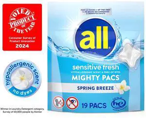 Sensitive Fresh MIGHTY PACS Laundry Detergent Pods, Spring Breeze Scent,19Count, Hypoallergenic DyeFree Sensitive Fresh MIGHTY PACS Laundry Detergent Pods, Spring Breeze Scent,19Count, Hypoallergenic DyeFree