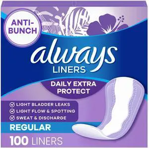 Always Daily Extra Protect Panty Liners, Regular Length, Unscented, 100Count Always Daily Extra Protect Panty Liners, Regular Length, Unscented, 100Count