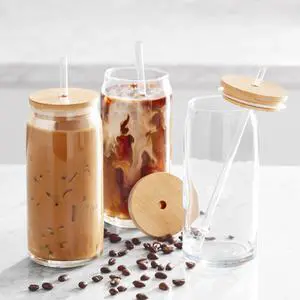 Mainstays Briar CanShaped Glass Cups with Lids & Straws, 20 oz, Set of 4 Mainstays Briar CanShaped Glass Cups with Lids & Straws, 20 oz, Set of 4