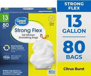 Great Value Strong Flex 13Gallon Drawstring Kitchen Trash Bags, Citrus Burst Scent, 80 Count Great Value Strong Flex 13Gallon Drawstring Kitchen Trash Bags, Citrus Burst Scent, 80 Count