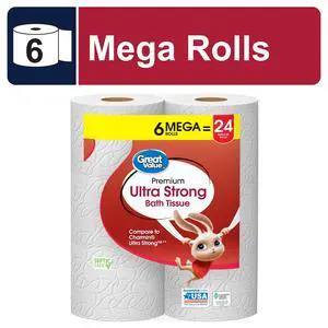 Great Value UltraStrong 2Ply Toilet Paper, 6 Mega Rolls, SepticSafe, 4"×4" Sheets Great Value UltraStrong 2Ply Toilet Paper, 6 Mega Rolls, SepticSafe, 4"×4" Sheets