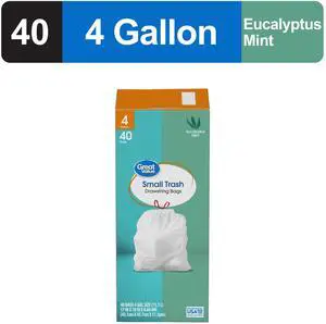 Great Value 4-Gallon Small Drawstring Trash Bags, Eucalyptus Mint Scent, 40 Bags Great Value 4-Gallon Small Drawstring Trash Bags, Eucalyptus Mint Scent, 40 Bags