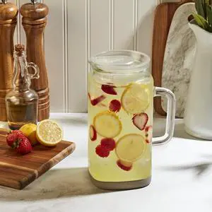 Mason Craft & More Glass 0.5 Gallon Pitcher with Removable Plastic Lid and Silicone Base, Gray, Well Suited to Cold Drink Preparation Mason Craft & More Glass 0.5 Gallon Pitcher with Removable Plastic Lid and Silicone Base, Gray, Well Suited to Cold Drink Preparation