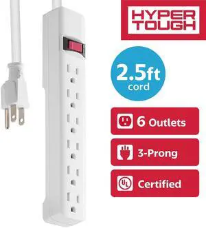 Hyper Tough 6-Outlet Indoor Power Strip with 2.5 ft Extension Cord, ETL Certified, White Hyper Tough 6-Outlet Indoor Power Strip with 2.5 ft Extension Cord, ETL Certified, White