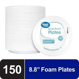 Great Value Soak-Proof Foam Plates, White, 9 in, 150 Count Great Value Soak-Proof Foam Plates, White, 9 in, 150 Count