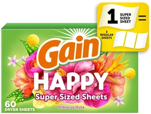 Gain Dryer Sheets, Happy, Hibiscus Hula Scent, 60 Mega Dryer Sheets Gain Dryer Sheets, Happy, Hibiscus Hula Scent, 60 Mega Dryer Sheets