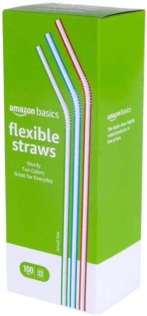 Amazon Basics Disposable Striped Plastic Flex Straws, 7.5"Long, Assorted Colors, 100 Count, BPA Free, Food-Safe Amazon Basics Disposable Striped Plastic Flex Straws, 7.5"Long, Assorted Colors, 100 Count, BPA Free, Food-Safe