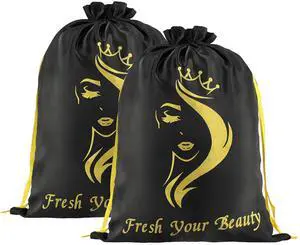 2PCS Satin Drawstring Storage Pouches for Hair Pieces, Extensions, Bundles, Styling Tools (Black) 2PCS Satin Drawstring Storage Pouches for Hair Pieces, Extensions, Bundles, Styling Tools (Black)