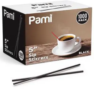 PAMI Black Plastic Stir Straws 5in, Disposable Coffee Stirrers, 1000 Count PAMI Black Plastic Stir Straws 5in, Disposable Coffee Stirrers, 1000 Count