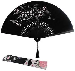 Wobe Black Linen Fabric Folding Hand Fan Grassflowers Bamboo for Summer Wobe Black Linen Fabric Folding Hand Fan Grassflowers Bamboo for Summer