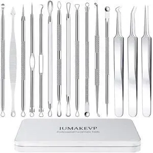 IUMAKEVP 15 PCS Professional Stainless Steel Blackhead Remover Comedone Extractor Tools, Pimple Popper Tool Kit - Acne Removal Kit with Metal Case (Silver) IUMAKEVP 15 PCS Professional Stainless Steel Blackhead Remover Comedone Extractor Tools, Pimple Popper Tool Kit - Acne Removal Kit with Metal Case (Silver)