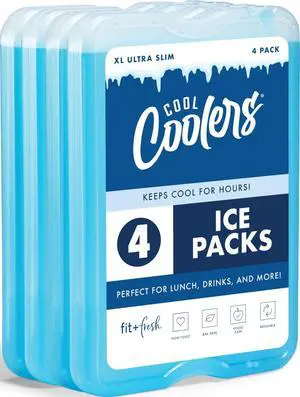 Fit & Fresh Cool Coolers 4-Pack XL Slim Ice Packs, Quick Freeze Space Saving Reusable for Lunch Boxes and Coolers Fit & Fresh Cool Coolers 4-Pack XL Slim Ice Packs, Quick Freeze Space Saving Reusable for Lunch Boxes and Coolers