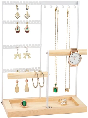 Lengnoy 4 Tier Earring Holder with 48 Holes and 6 Hooks, Wood Jewelry Organizer Box for Necklace Bracelet Earring Ring, White Lengnoy 4 Tier Earring Holder with 48 Holes and 6 Hooks, Wood Jewelry Organizer Box for Necklace Bracelet Earring Ring, White
