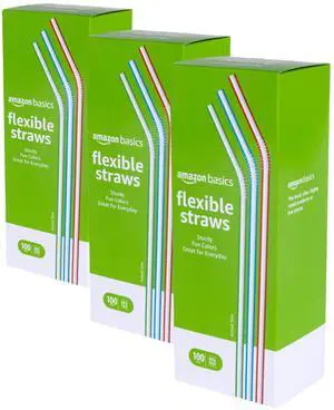 Amazon Basics Disposable Striped Plastic Flex Straws, 7.5", Assorted Colors, 100 Count (Pack of 3) Amazon Basics Disposable Striped Plastic Flex Straws, 7.5", Assorted Colors, 100 Count (Pack of 3)