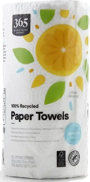 365 by Whole Foods Market Jumbo Paper Towels 100% Recycled Ultra-Strong 135 Sheets per Roll 1 Count 365 by Whole Foods Market Jumbo Paper Towels 100% Recycled Ultra-Strong 135 Sheets per Roll 1 Count