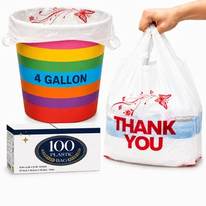 4 Gallon Trash Bags with Handles, 100 Count, 11" x 21" Thank You T-Shirt Style Plastic Garbage Bags for Home, Kitchen, Office, Bathroom, Small Business, Takeout, Grocery 4 Gallon Trash Bags with Handles, 100 Count, 11" x 21" Thank You T-Shirt Style Plastic Garbage Bags for Home, Kitchen, Office, Bathroom, Small Business, Takeout, Grocery