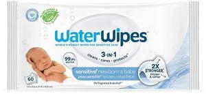 WaterWipes Sensitive+ Newborn & Baby Wipes, 3-in-1 Cleans, Cares, Protects, 99.9% Water, Unscented & Hypoallergenic, 60 Count WaterWipes Sensitive+ Newborn & Baby Wipes, 3-in-1 Cleans, Cares, Protects, 99.9% Water, Unscented & Hypoallergenic, 60 Count