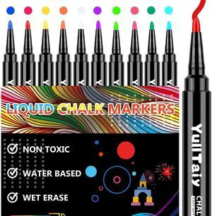 Liquid Chalk Markers, 1mm Fine Point, 10 Colors, Wet Erase, for Acrylic Calendar Board, Dry Erase Board, Whiteboard, Glass, Mirror Liquid Chalk Markers, 1mm Fine Point, 10 Colors, Wet Erase, for Acrylic Calendar Board, Dry Erase Board, Whiteboard, Glass, Mirror