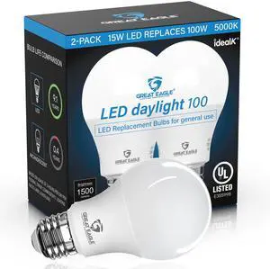 Great Eagle Lighting 100W Equivalent 5000K Daylight A19 E26 Medium Base LED Bulb 1500 Lumens Non-Dimmable Damp Rated Indoor and Covered Outdoor Porch and Garage Use 2 Pac Great Eagle Lighting 100W Equivalent 5000K Daylight A19 E26 Medium Base LED Bulb 1500 Lumens Non-Dimmable Damp Rated Indoor and Covered Outdoor Porch and Garage Use 2 Pac