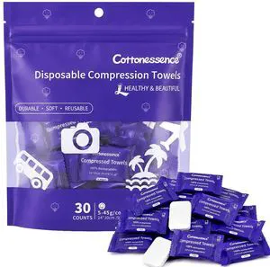 Cottonessence Premium Compressed Towels 30 Count (Pack of 1), 9.4" x 11.8", Individually Wrapped Coin Tissues for Travel Camping Hiking Outdoor Beauty Salon Cottonessence Premium Compressed Towels 30 Count (Pack of 1), 9.4" x 11.8", Individually Wrapped Coin Tissues for Travel Camping Hiking Outdoor Beauty Salon