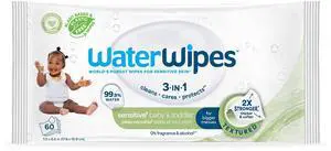 WaterWipes Sensitive+ Baby & Toddler Wipes, 3-in-1, 99.9% Water, Textured, Unscented, Hypoallergenic, 60 Count (1 Pack) WaterWipes Sensitive+ Baby & Toddler Wipes, 3-in-1, 99.9% Water, Textured, Unscented, Hypoallergenic, 60 Count (1 Pack)