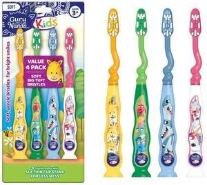 GuruNanda Kids Toothbrush with Suction Cup and Tongue Cleaner, Age 3+, 4 Count GuruNanda Kids Toothbrush with Suction Cup and Tongue Cleaner, Age 3+, 4 Count