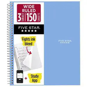 Five Star 3 Subject Spiral Notebook, 8" x 10.5", Wide Ruled, 150 Sheets, Water Resistant Cover, Tidewater Blue (73184) + Study App Five Star 3 Subject Spiral Notebook, 8" x 10.5", Wide Ruled, 150 Sheets, Water Resistant Cover, Tidewater Blue (73184) + Study App