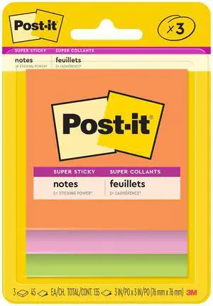 Post-it Super Sticky Notes 3x3in Neon Fizz 3 Pads 45 Sheets per Pad Post-it Super Sticky Notes 3x3in Neon Fizz 3 Pads 45 Sheets per Pad