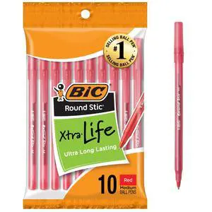 BIC Round Stic Xtra Life Ballpoint Pens, Medium Point 1.0mm, Red, 10-Count BIC Round Stic Xtra Life Ballpoint Pens, Medium Point 1.0mm, Red, 10-Count