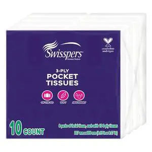 Swisspers Pocket Tissues 3-Ply White, 10 per Pack (Pack of 8) Swisspers Pocket Tissues 3-Ply White, 10 per Pack (Pack of 8)