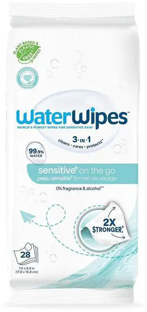 WaterWipes Sensitive+ On the Go Wipes, 3-in-1 Clean, Care, Protect, 99.9% Water, Unscented, Hypoallergenic, 28 Count (Pack of 1) WaterWipes Sensitive+ On the Go Wipes, 3-in-1 Clean, Care, Protect, 99.9% Water, Unscented, Hypoallergenic, 28 Count (Pack of 1)