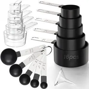 16PCS Measuring Cups and Spoons Set, Metric and US Measurements, Dry and Liquid, Black 16PCS Measuring Cups and Spoons Set, Metric and US Measurements, Dry and Liquid, Black